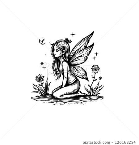 Enchanting fairy kneeling amid floral details, outlined with artistic flair 126168254