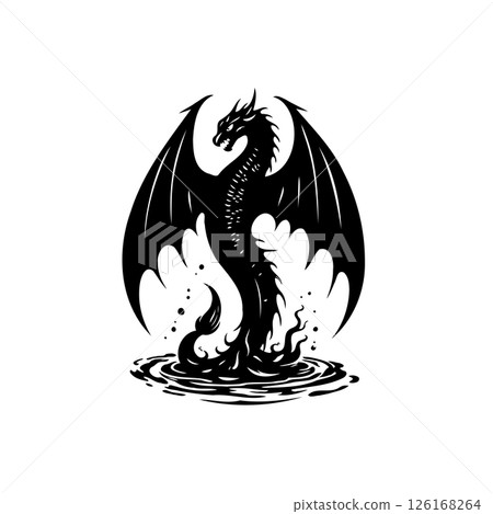 A mythical dragon rising from dark waters, silhouette against a clean white space 126168264