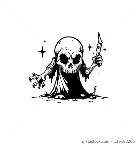 Spooky skull character with jagged knife, isolated on white background Spooky skull character with jagged knife, isolated on white background 126168266