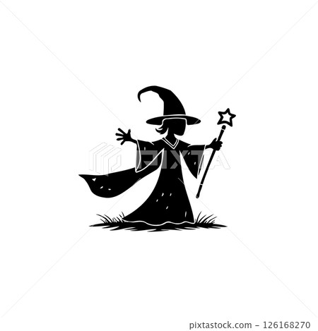 Enigmatic sorceress silhouette casting spells with a star-topped magic wand Enigmatic sorceress silhouette casting spells with a star-topped magic wand 126168270