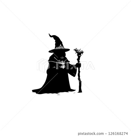 Silhouette of a mysterious mage casting a spell with his staff and cloak Silhouette of a mysterious mage casting a spell with his staff and cloak 126168274