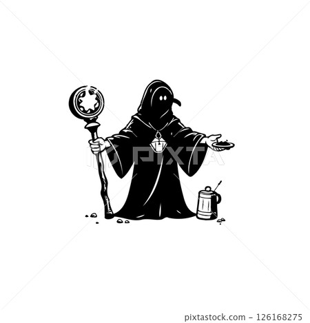 Mysterious cloaked figure in minimalist illustration with a medieval aesthetic Mysterious cloaked figure in minimalist illustration with a medieval aesthetic 126168275