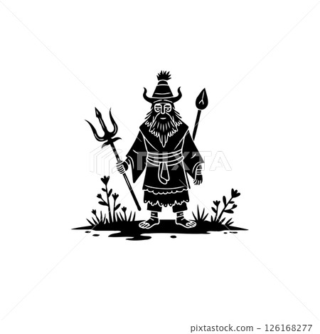 Stylized folklore illustration of a mythical figure with trident and spear 126168277