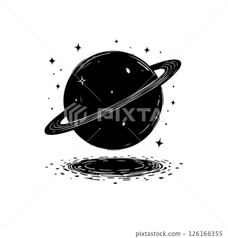 Monochromatic planetary illustration hovering above a reflective surface in space Monochromatic planetary illustration hovering above a reflective surface in space 126168355