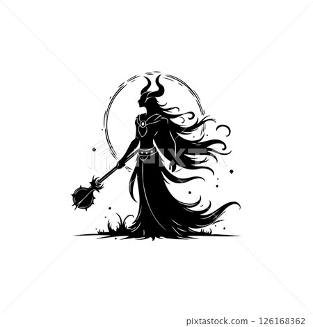 Silhouette Enchantress: Mysterious horned figure casting magic in monochrome artwork 126168362