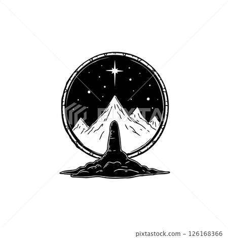 Serene mountain nightscape within circular frame evokes peaceful reflection 126168366