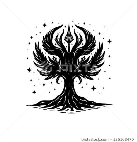 Dark Emblematic Silhouette Depicting an Ethereal Tree Symbol Surrounded by Stars Dark Emblematic Silhouette Depicting an Ethereal Tree Symbol Surrounded by Stars 126168470