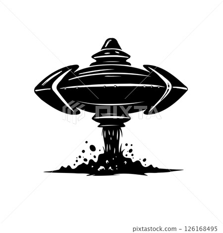 Stylized monochrome depiction of a spacecraft landing with impact effect 126168495