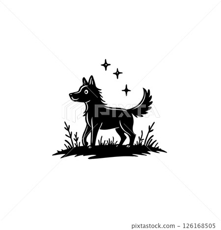 Stylized canine silhouette with celestial accents in a minimalist composition 126168505