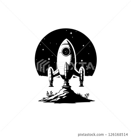 Rocket Launch from Earth into Starry Sky, Conceptual Art in Graphic Style Rocket Launch from Earth into Starry Sky, Conceptual Art in Graphic Style 126168514
