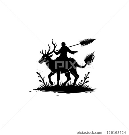 Silhouette of a mysterious figure riding a mythical stag through overgrown field Silhouette of a mysterious figure riding a mythical stag through overgrown field 126168524