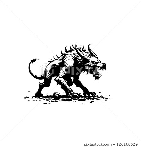 Stylized ferocious creature illustration showcasing sharp details and monochrome palette 126168529