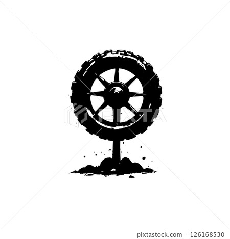 Monochrome tire silhouette growing from earth, symbolic automotive concept 126168530