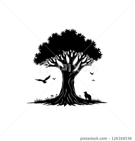 Monochrome tranquil scene depicting a tree with bird silhouettes and animal figures Monochrome tranquil scene depicting a tree with bird silhouettes and animal figures 126168536