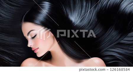 Glamour portrait of beautiful brunette woman with long shiny silky black hair.AI Generative. 126168584