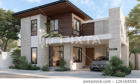 A luxurious residence. The exterior of a two-story house with a harmonious blend of wood and stone. 126168595