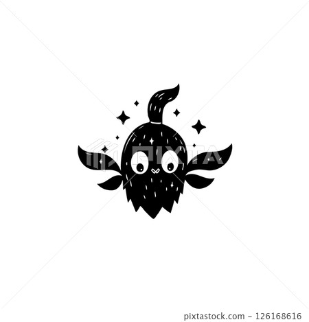 Whimsical dark creature with wings set against sparkling astral backdrop 126168616