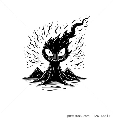 Stylized dark entity emerging in a desolate landscape in monochromatic illustration 126168617