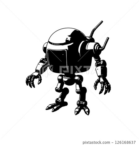 Monochrome illustration showcasing a vintage-style robot in a detailed design 126168637