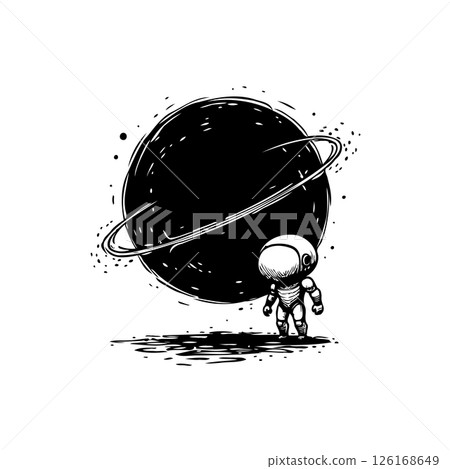 Introspective spaceman pondering a distant celestial sphere, surreal ink drawing 126168649