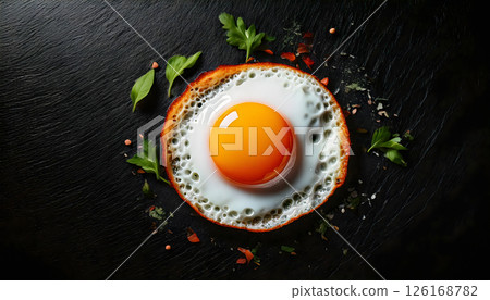 Fried egg with golden yolk served on black slate surface 126168782