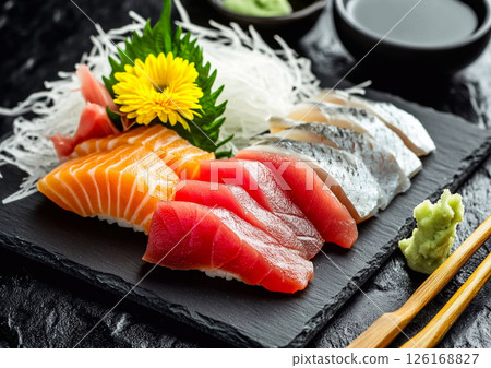 Sashimi platter with selection of salmon and tuna.AI Generative. 126168827