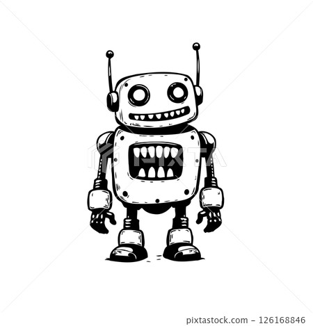 Retro-style robot illustration displaying a cheerful demeanor and vintage design elements 126168846