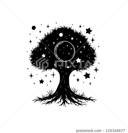 Enigmatic arboreal silhouette amidst cosmic celestial bodies and celestial glow Enigmatic arboreal silhouette amidst cosmic celestial bodies and celestial glow 126168877