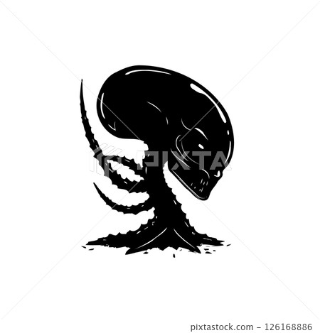 Eerie extraterrestrial entity artistic depiction in striking black and white rendering 126168886