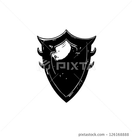 Monochrome shield emblem design with a distinctively textured surface finish 126168888