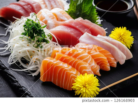 Sashimi platter with selection of salmon and tuna and yellowtail asian seafood.AI Generative. Sashimi platter with selection of salmon and tuna and yellowtail asian seafood.AI Generative. 126168903