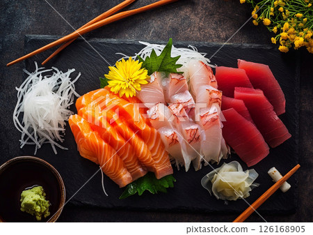 Sashimi platter with selection of salmon and tuna and yellowtail asian seafood.AI Generative. 126168905