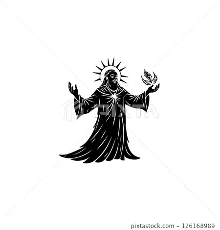 Monochrome illustration of a spiritual figure with symbolic celestial elements 126168989