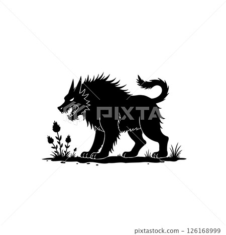 Stylized wolf illustration in black and white, standing confidently in nature Stylized wolf illustration in black and white, standing confidently in nature 126168999