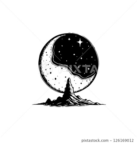 Abstract monochrome illustration featuring moon, stars and mountainous landscape Abstract monochrome illustration featuring moon, stars and mountainous landscape 126169012