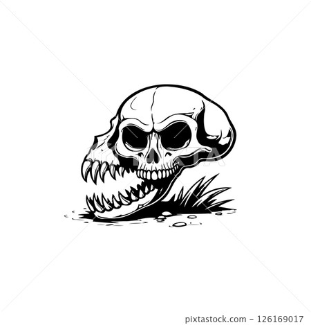 Monochrome skull illustration with aggressive teeth and organic substrate detail 126169017