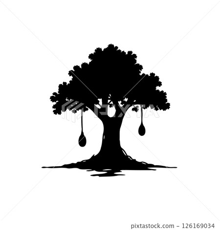 Silhouette of a Solitary Tree with Hanging Objects on White Background 126169034