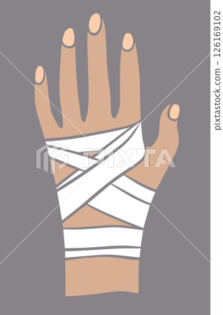 Vector isolated illustration of a bandaged hand. First aid for hand injuries. 126169102