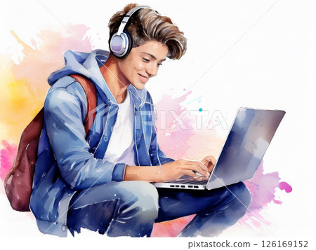 Watercolor painting of a man working on a computer 126169152