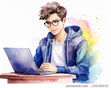 Watercolor painting of a man working on a computer Watercolor painting of a man working on a computer 126169155