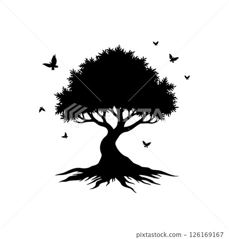 Silhouette of a Majestic Tree with Spreading Roots and Birds in Flight Around Silhouette of a Majestic Tree with Spreading Roots and Birds in Flight Around 126169167