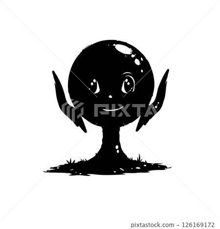 Whimsical monochrome illustration of a spherical character on a grassy base 126169172