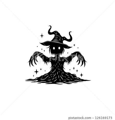 Whimsical Halloween Creature Silhouette with Pointed Hat amidst Twinkling Stars 126169173