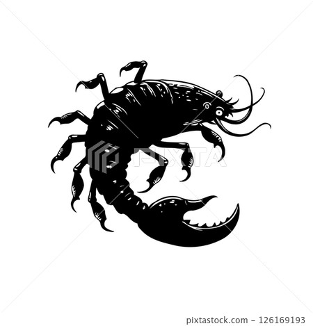 Stylized depiction of a scorpion creature with exaggerated features in monochrome 126169193