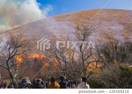 The mountain burning of Mt. Omuroyama, set against the blue sky of Ito City (Shizuoka Prefecture) 126169218