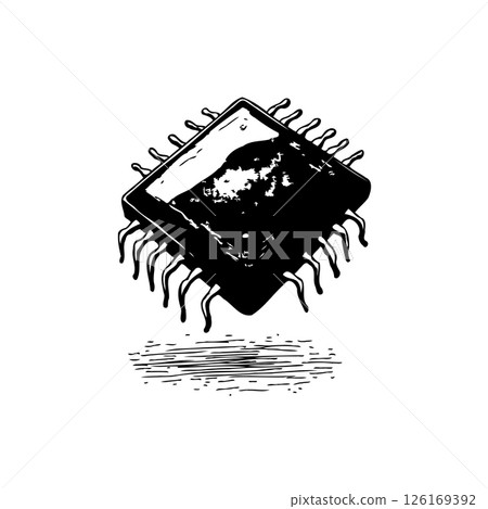 Black and white vintage depiction of a microchip, a technological symbol Black and white vintage depiction of a microchip, a technological symbol 126169392