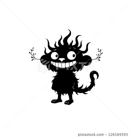 Whimsical silhouette: An enigmatic creature with an expressive smile on white expanse Whimsical silhouette: An enigmatic creature with an expressive smile on white expanse 126169393