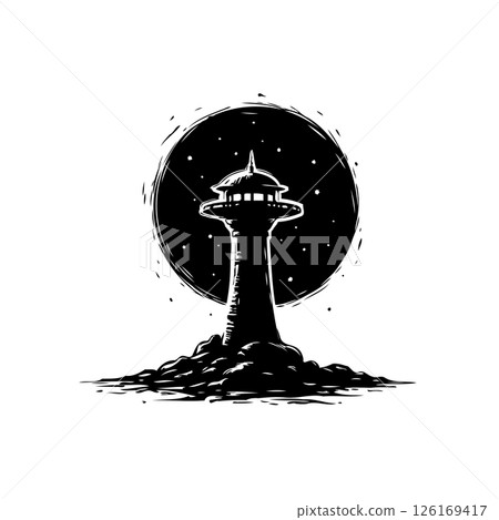 Monochrome architectural design featuring a prominent tower within cosmic element Monochrome architectural design featuring a prominent tower within cosmic element 126169417