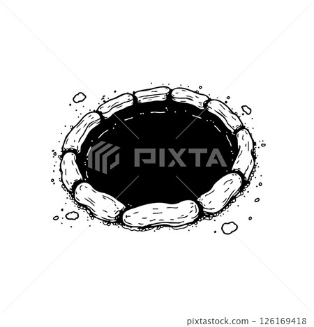 Hand-drawn depiction of a circular hole or pit, surrounded by rock elements Hand-drawn depiction of a circular hole or pit, surrounded by rock elements 126169418