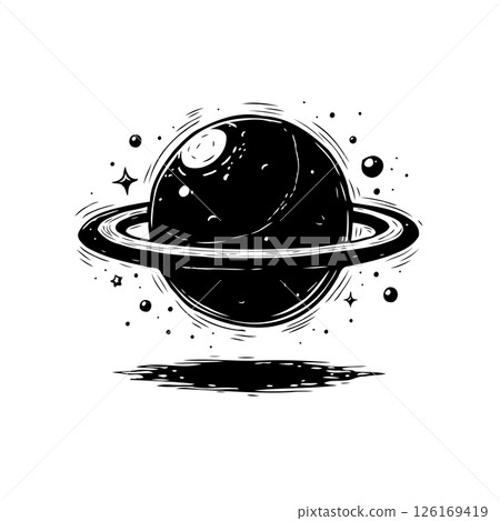 Monochromatic celestial depiction of a ringed planet in cosmic isolation Monochromatic celestial depiction of a ringed planet in cosmic isolation 126169419